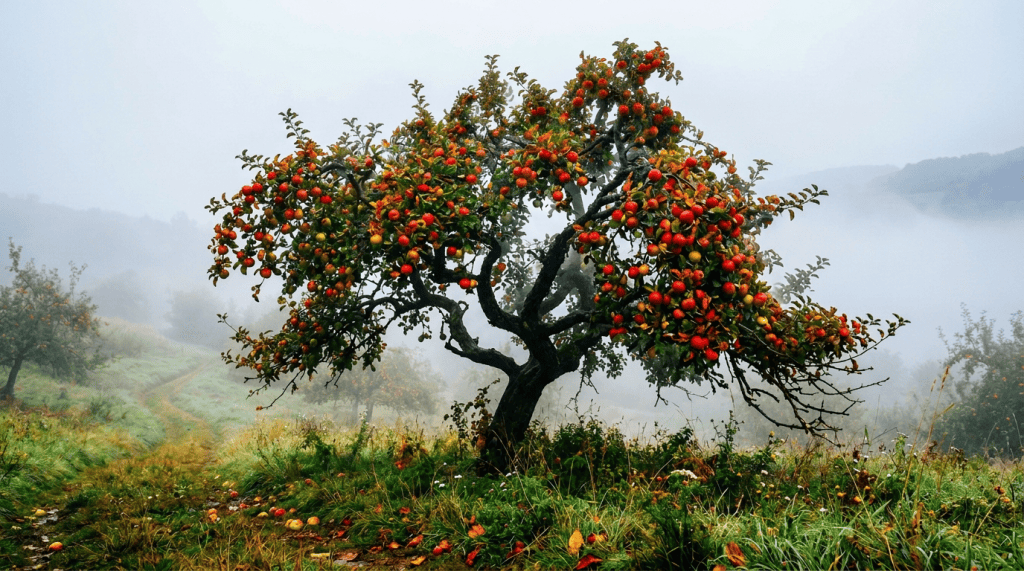 Fruit-laden apple tree in a foggy mountain orchard
