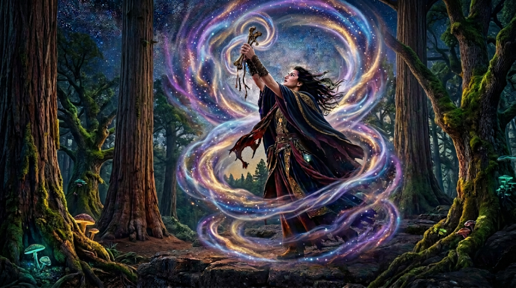 Cloaked warrior raising a bone above a smoky fire under a starry sky